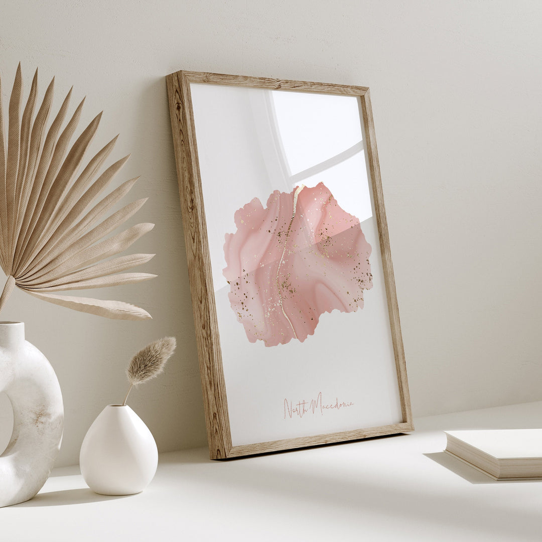 North Macedonia Map Pink and Gold Wall Art Print