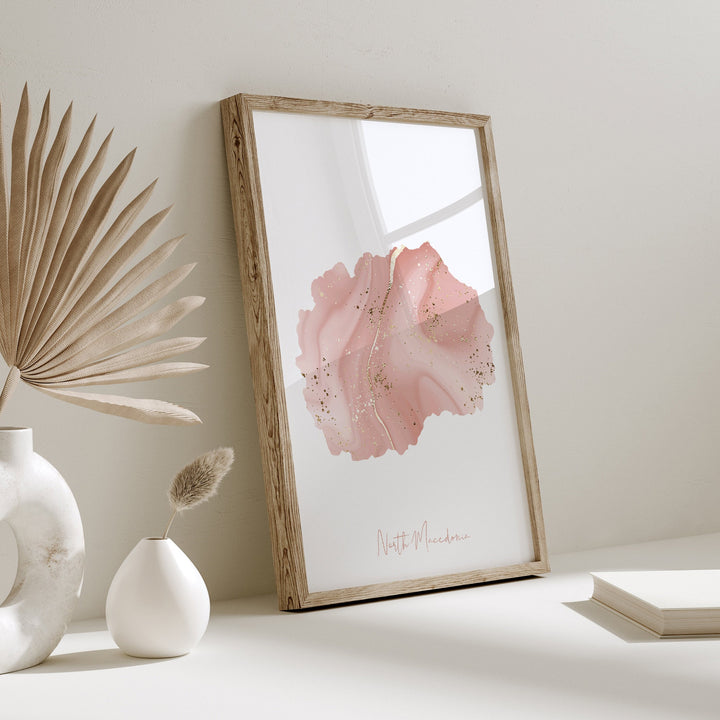 North Macedonia Map Pink and Gold Wall Art Print