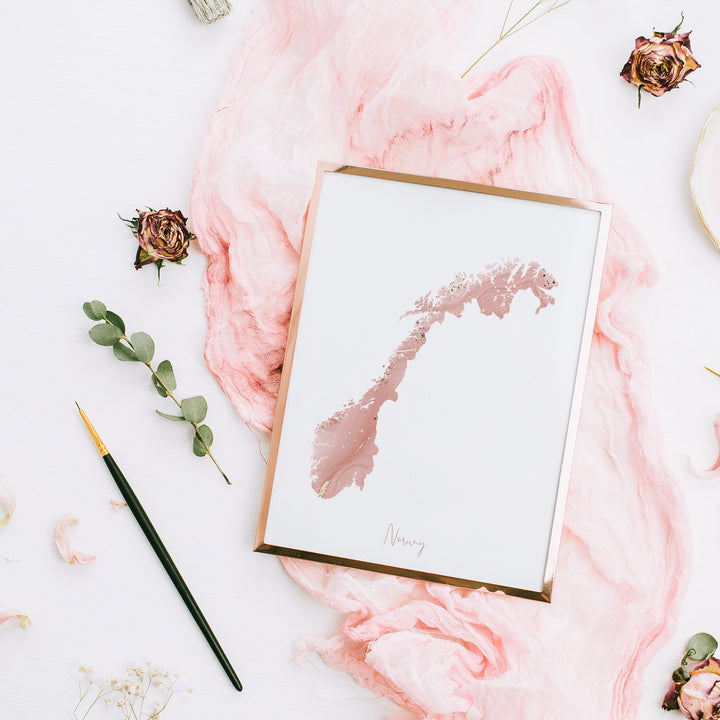 Norway Map Pink and Gold Wall Art Print