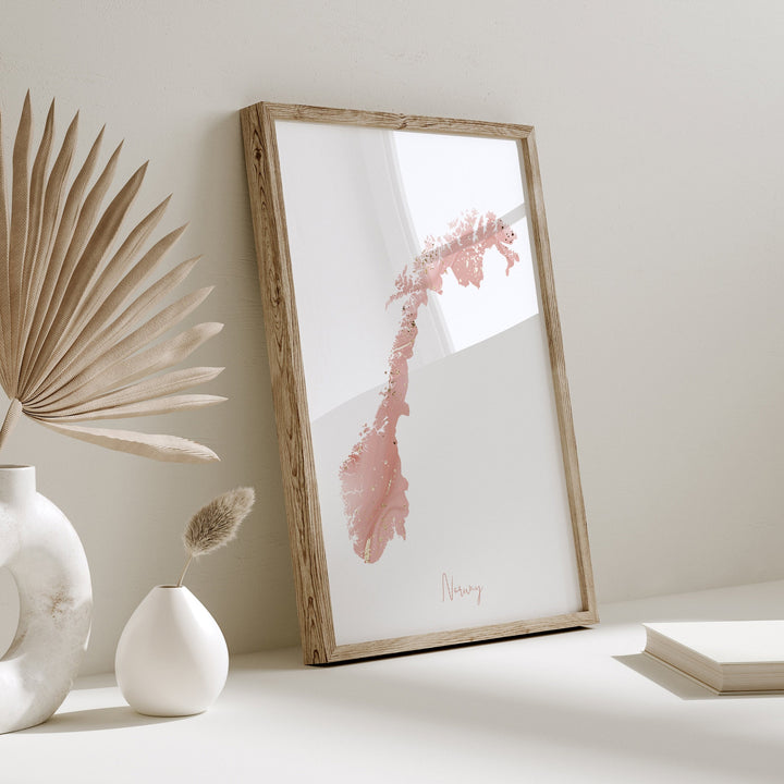 Norway Map Pink and Gold Wall Art Print
