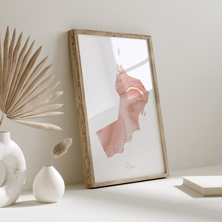 Oman Map Pink and Gold Wall Art Print