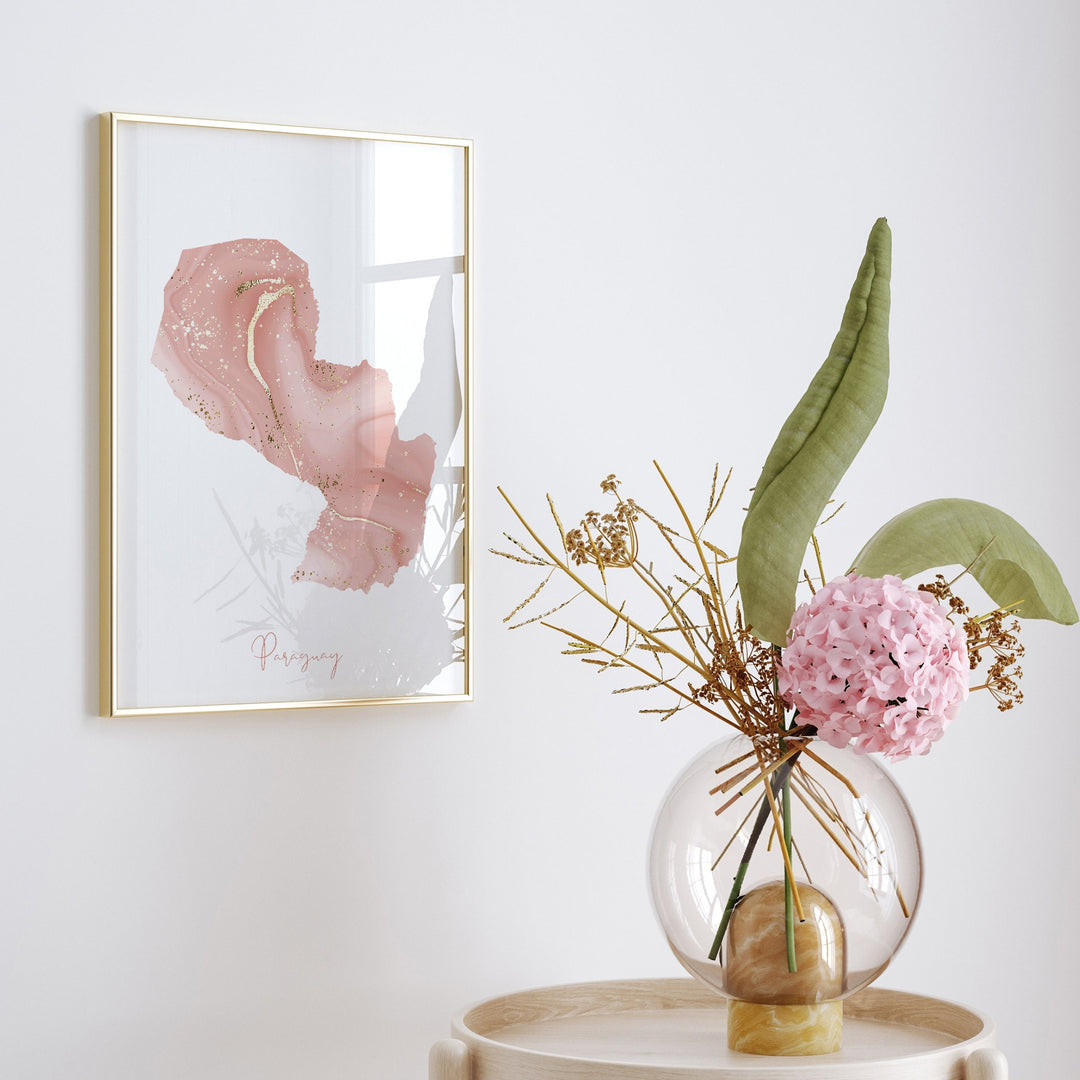 Paraguay Map Pink and Gold Wall Art Print