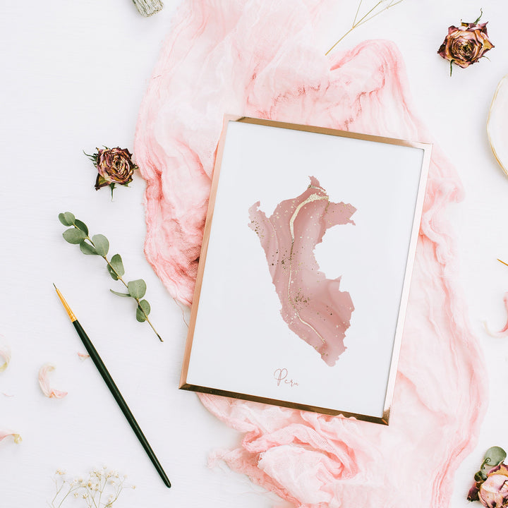 Peru Map Pink and Gold Wall Art Print