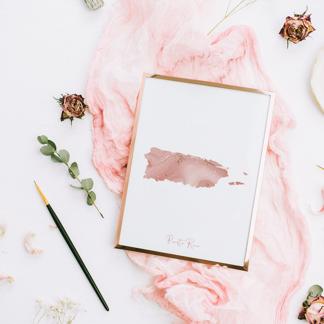 Puerto Rico Map Pink and Gold Wall Art Print