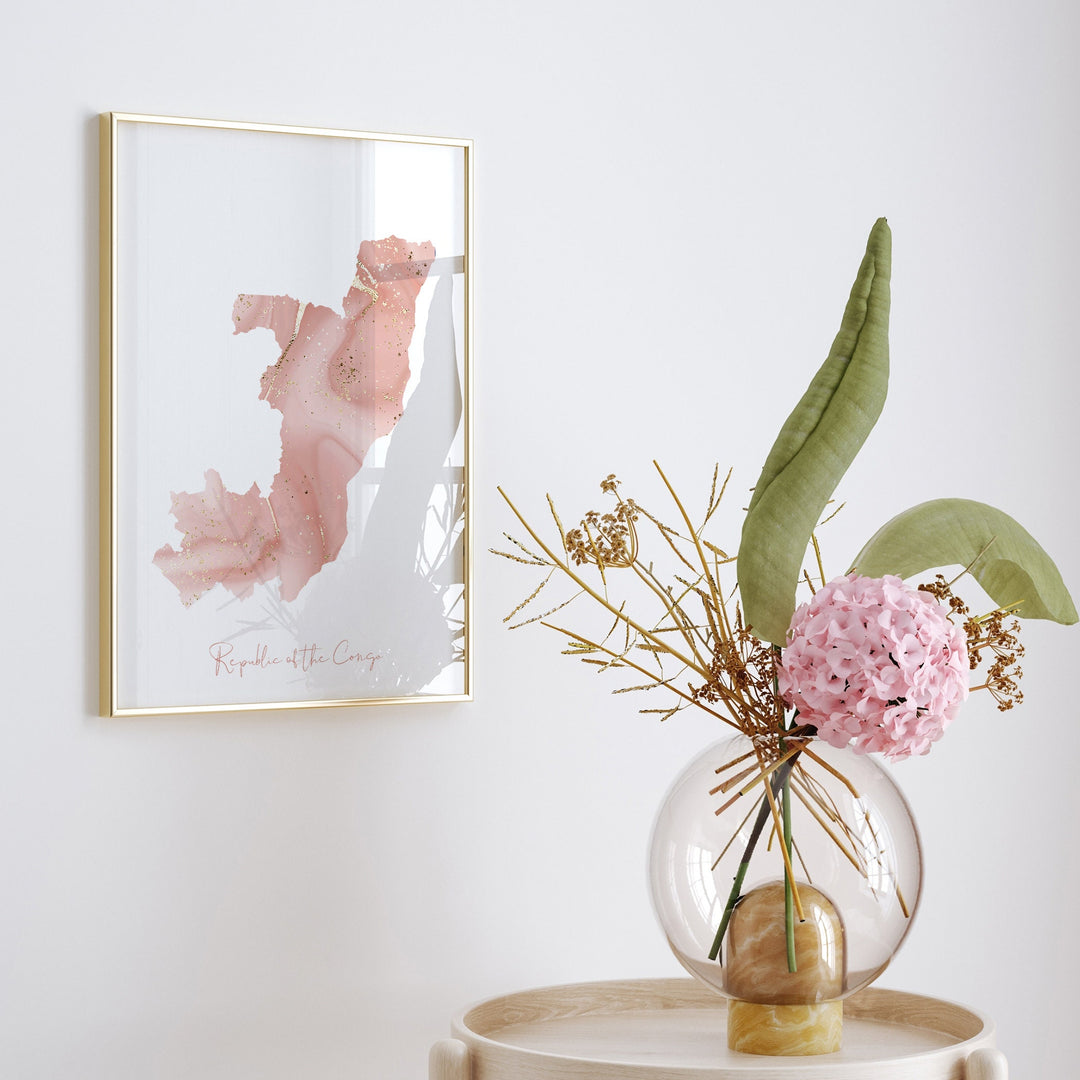 Republic of the Congo Map Pink and Gold Wall Art Print