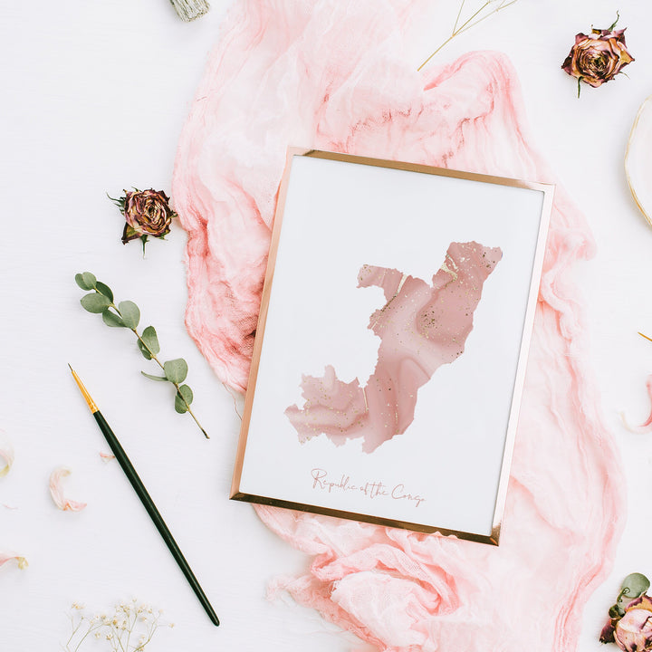 Republic of the Congo Map Pink and Gold Wall Art Print