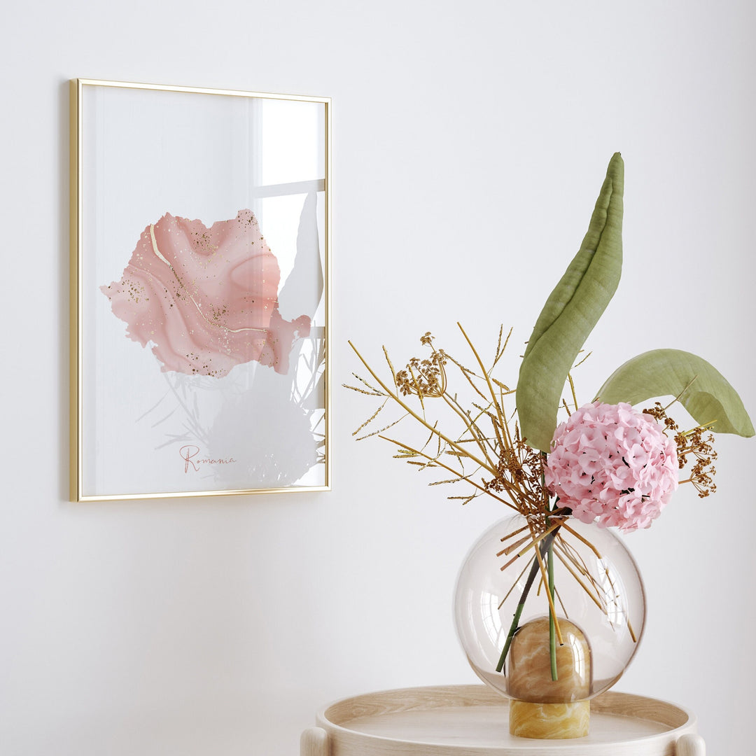 Romania Map Pink and Gold Wall Art Print