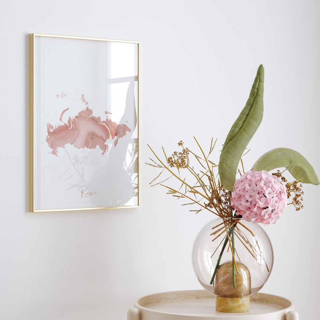 Russia Map Pink and Gold Wall Art Print