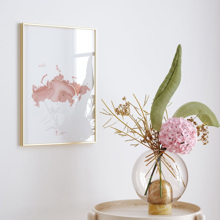 Russia Map Pink and Gold Wall Art Print