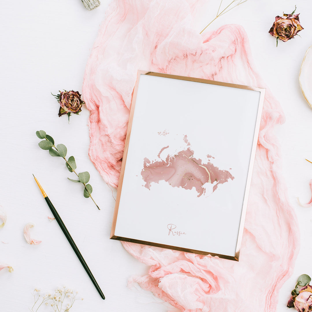 Russia Map Pink and Gold Wall Art Print