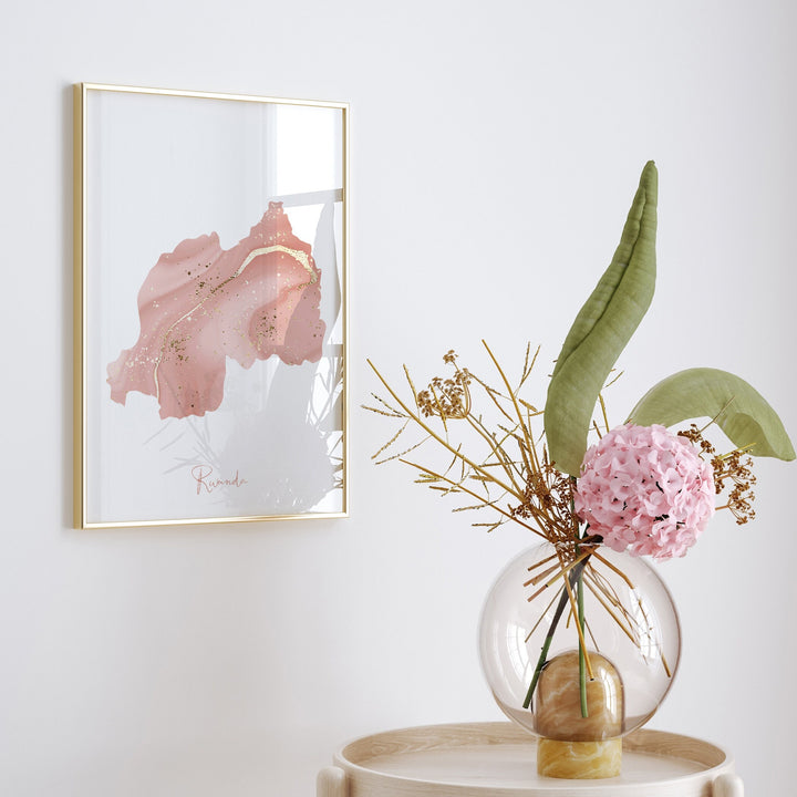 Rwanda Map Pink and Gold Wall Art Print