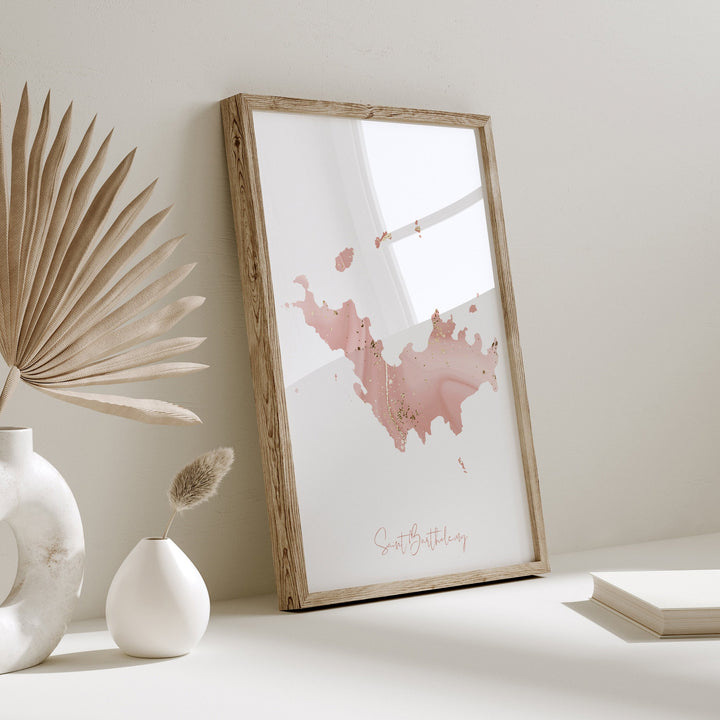 Saint Barthelemy Map Pink and Gold Wall Art Print