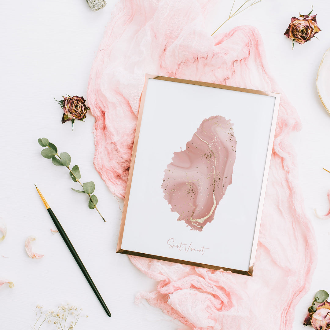 Saint Vincent Map Pink and Gold Wall Art Print