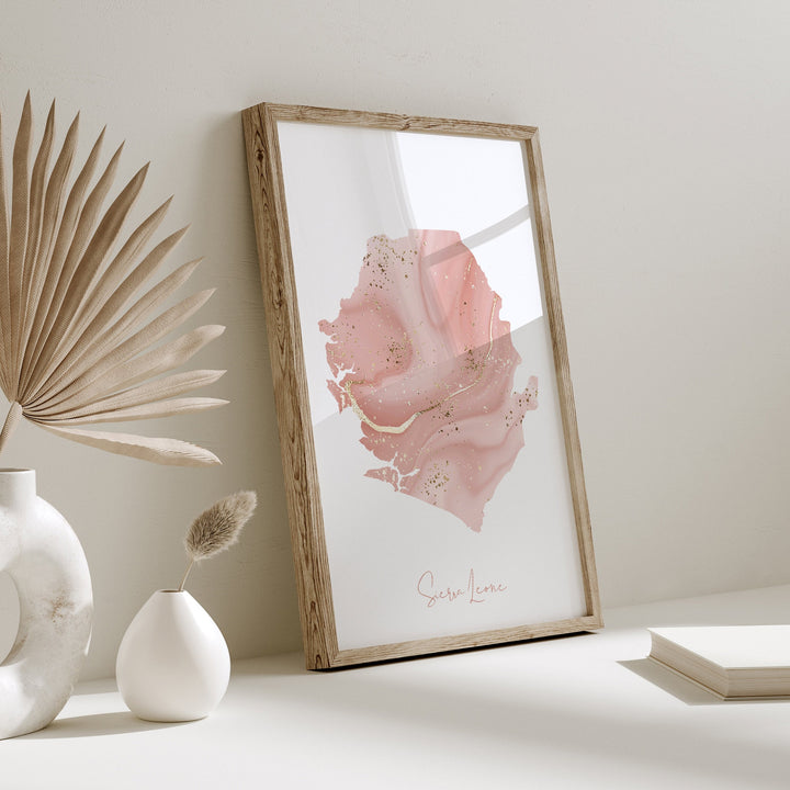 Sierra Leone Map Pink and Gold Wall Art Print