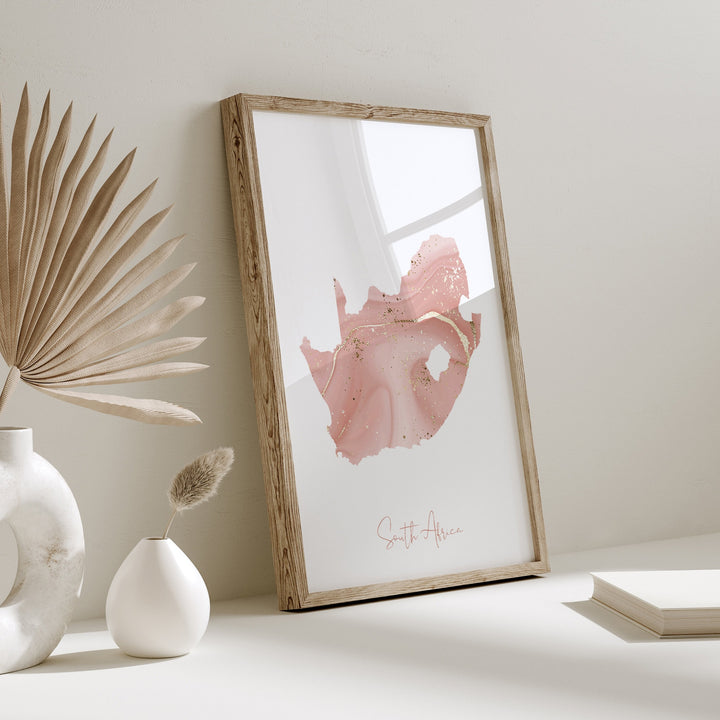 South Africa Map Pink and Gold Wall Art Print