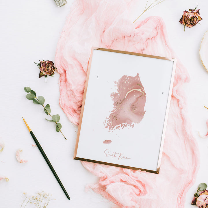 South Korea Map Pink and Gold Wall Art Print