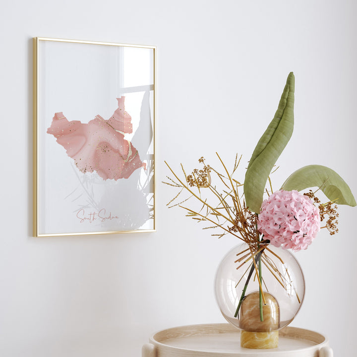 South Sudan Map Pink and Gold Wall Art Print