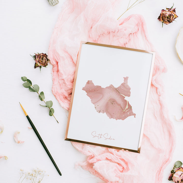 South Sudan Map Pink and Gold Wall Art Print