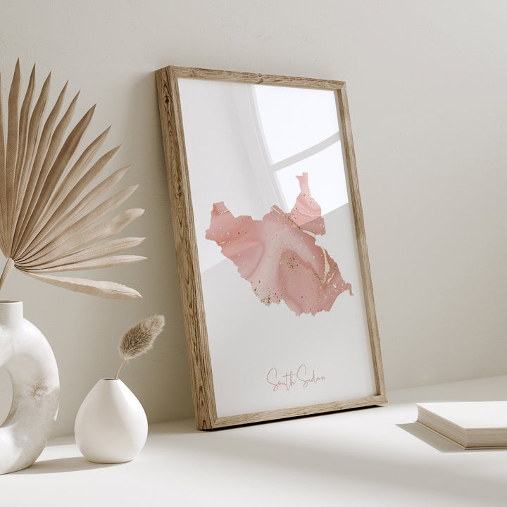 South Sudan Map Pink and Gold Wall Art Print
