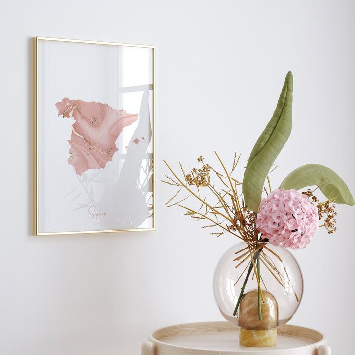 Spain Map Pink and Gold Wall Art Print