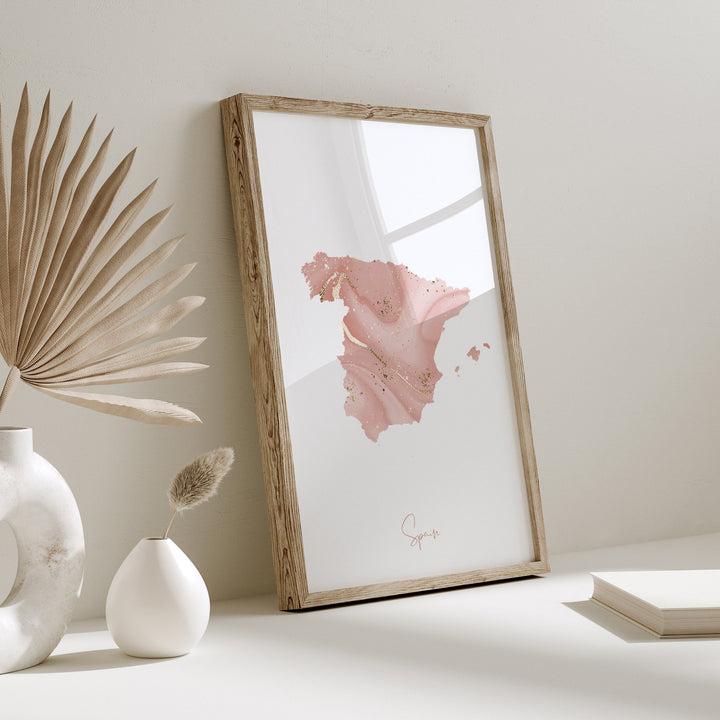 Spain Map Pink and Gold Wall Art Print