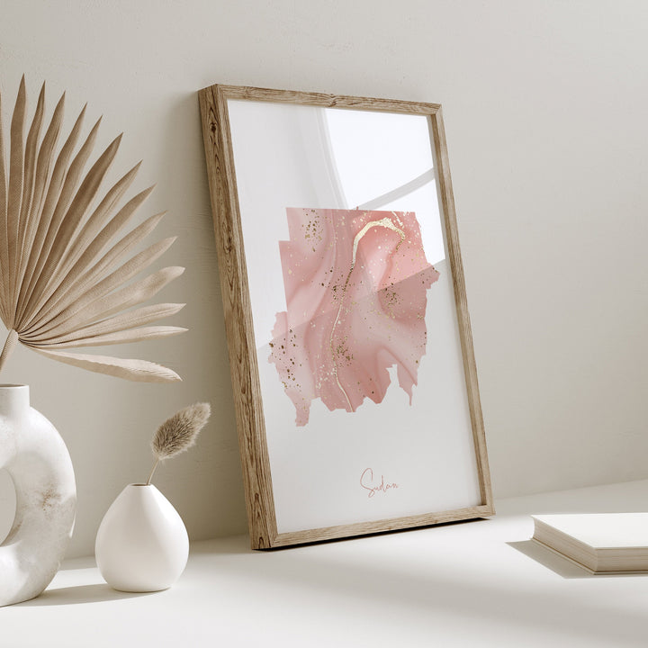 Sudan Map Pink and Gold Wall Art Print