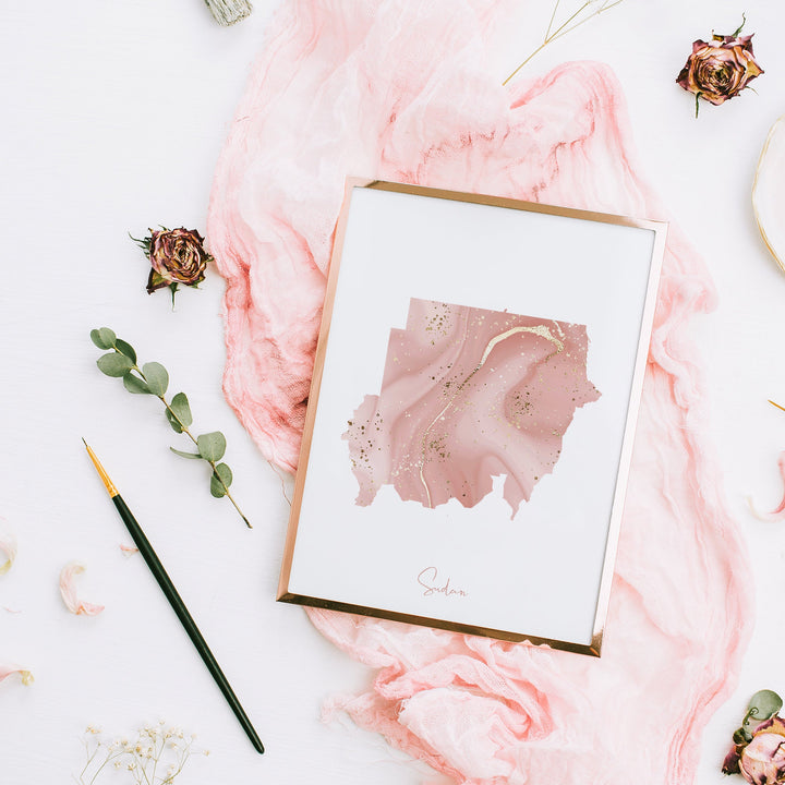 Sudan Map Pink and Gold Wall Art Print