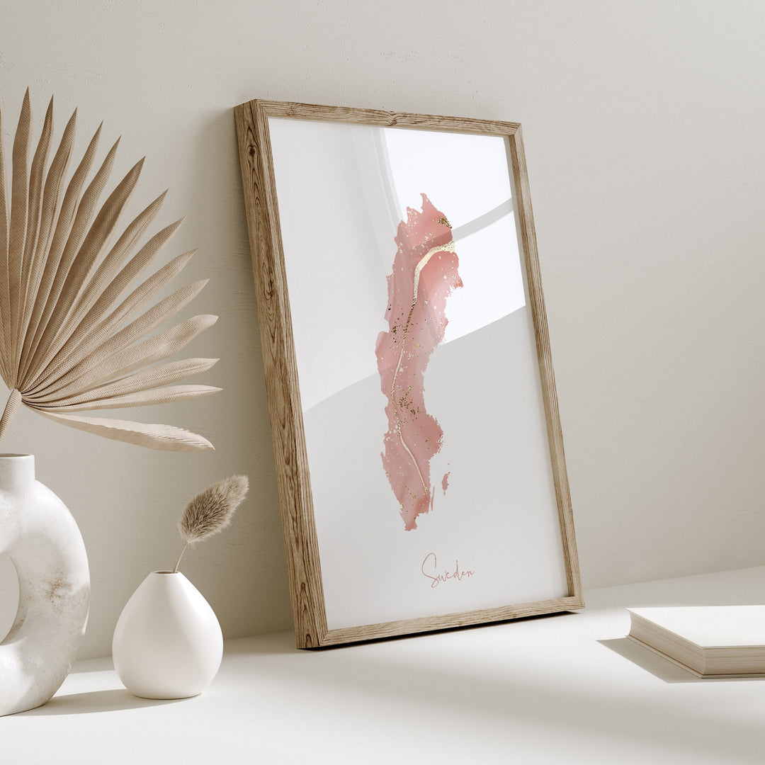 Sweden Map Pink and Gold Wall Art Print