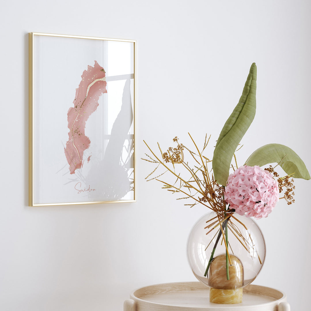 Sweden Map Pink and Gold Wall Art Print