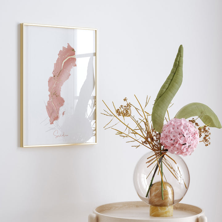 Sweden Map Pink and Gold Wall Art Print