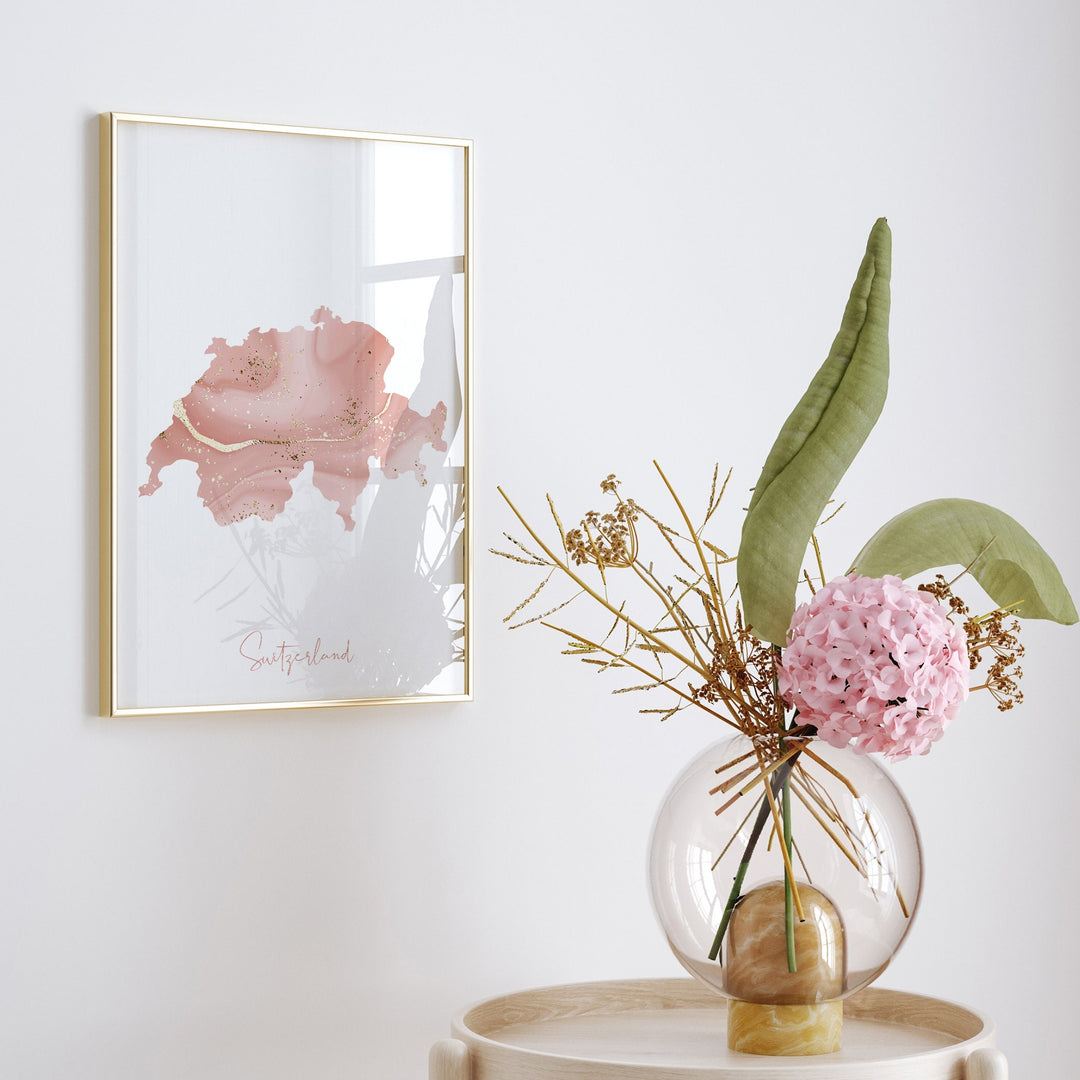 Switzerland Map Pink and Gold Wall Art Print