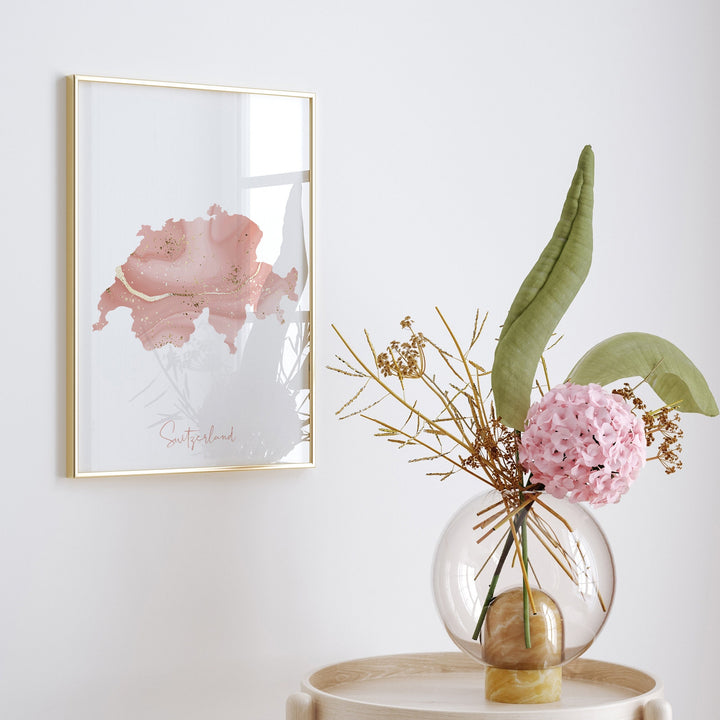 Switzerland Map Pink and Gold Wall Art Print