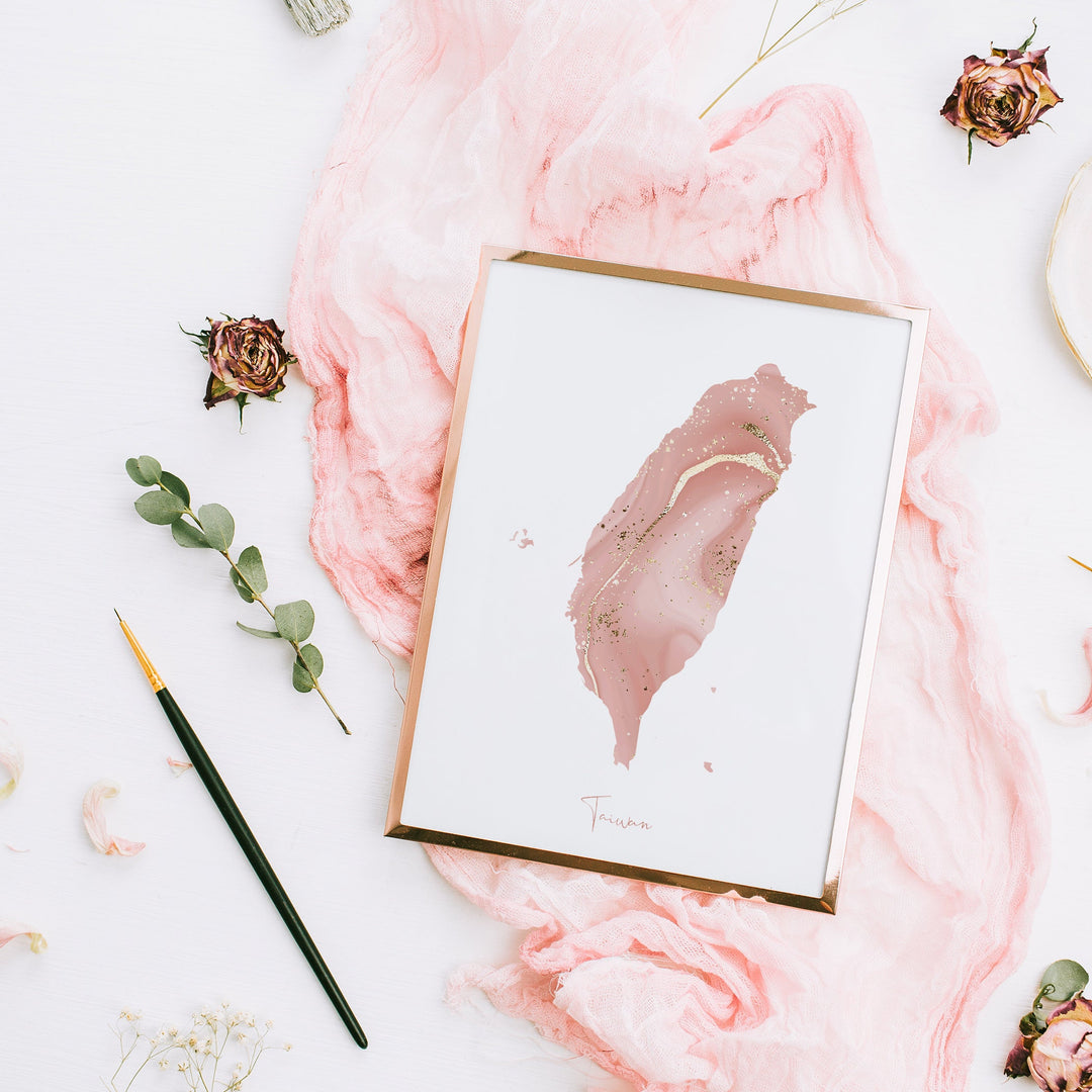 Taiwan Map Pink and Gold Wall Art Print