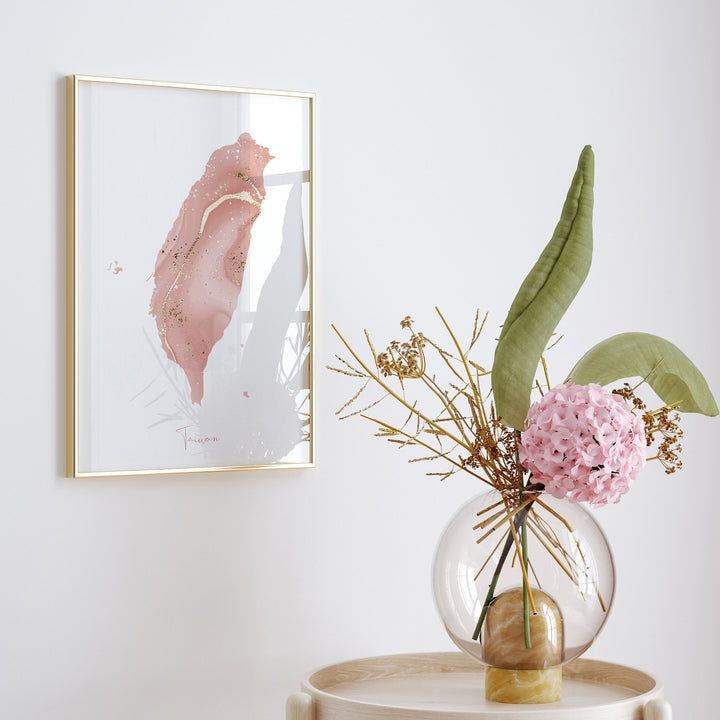 Taiwan Map Pink and Gold Wall Art Print