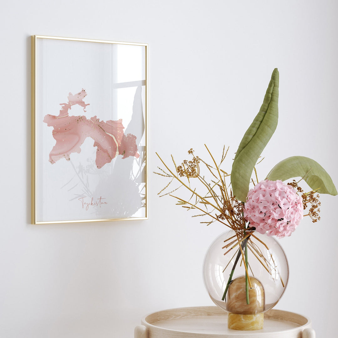 Tajikistan Map Pink and Gold Wall Art Print