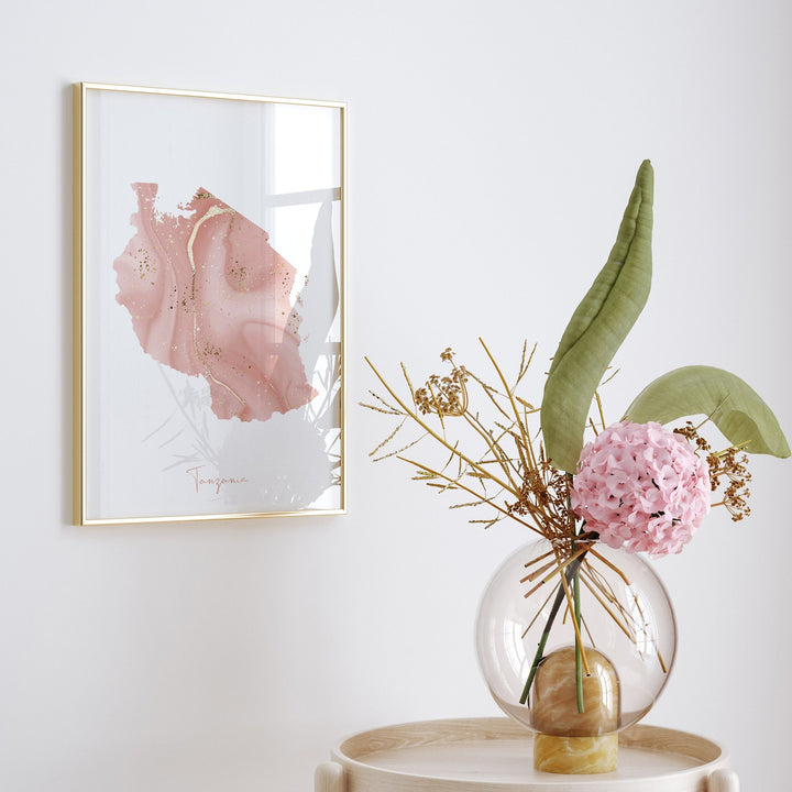 Tanzania Map Pink and Gold Wall Art Print