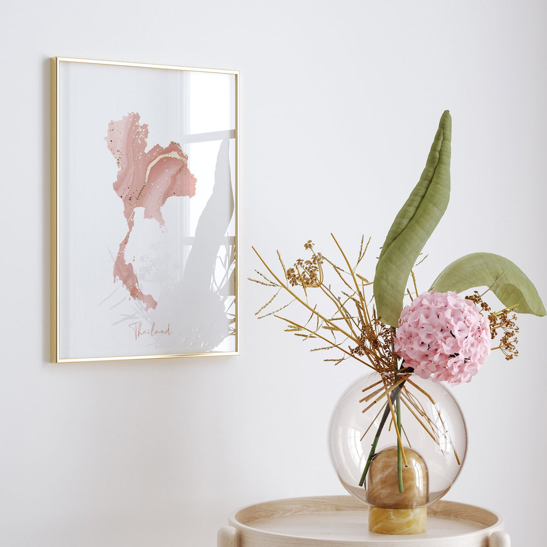 Thailand Map Pink and Gold Wall Art Print