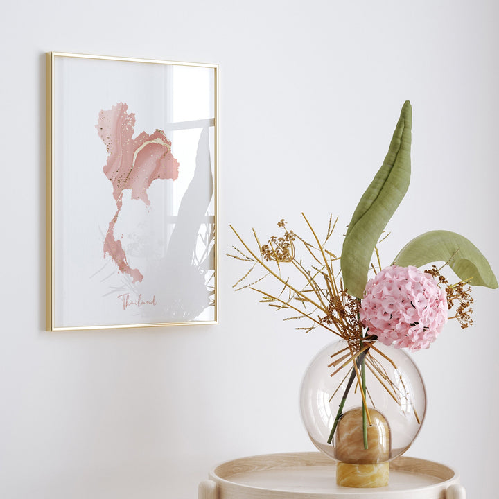 Thailand Map Pink and Gold Wall Art Print
