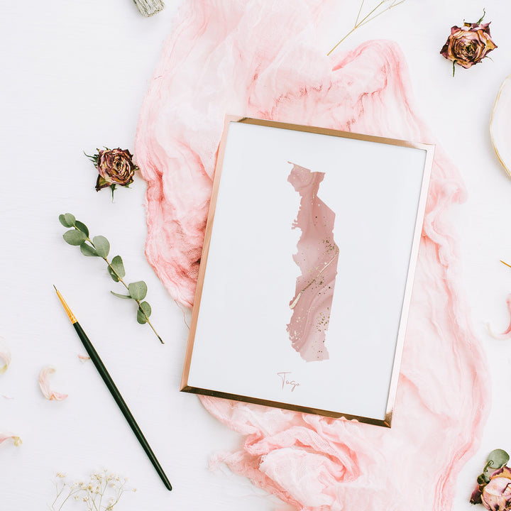 Togo Map Pink and Gold Wall Art Print