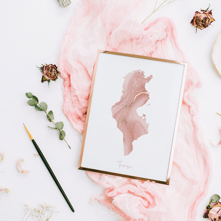Tunisia Map Pink and Gold Wall Art Print