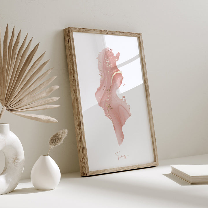 Tunisia Map Pink and Gold Wall Art Print