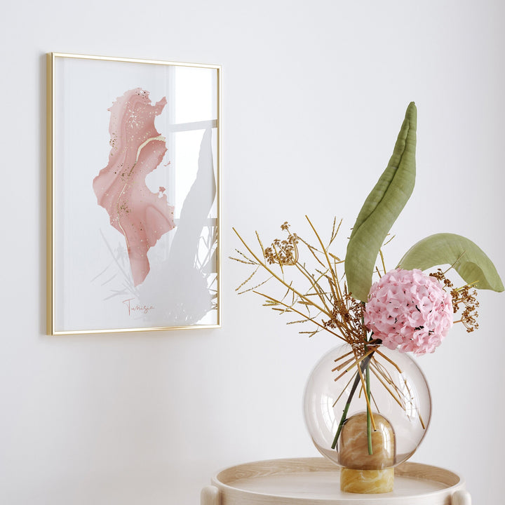 Tunisia Map Pink and Gold Wall Art Print