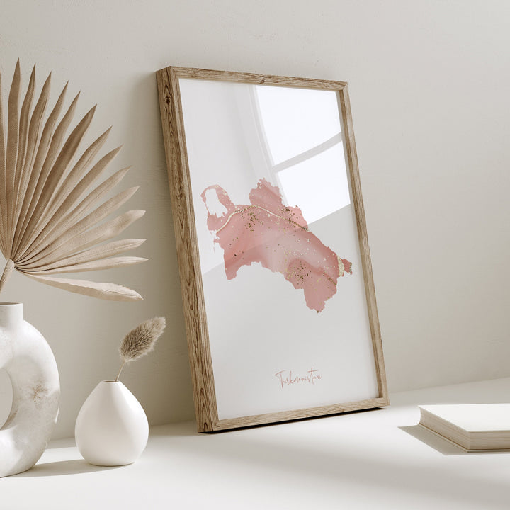 Turkmenistan Map Pink and Gold Wall Art Print