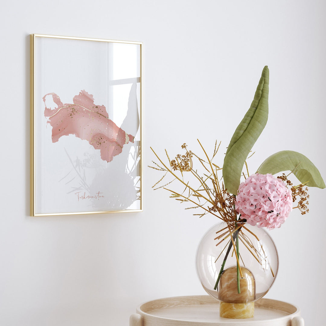 Turkmenistan Map Pink and Gold Wall Art Print