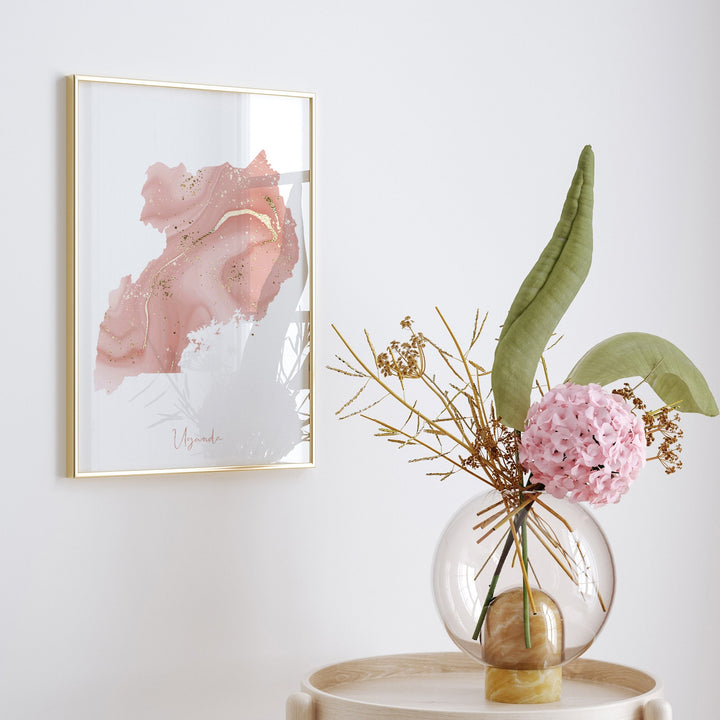 Uganda Map Pink and Gold Wall Art Print
