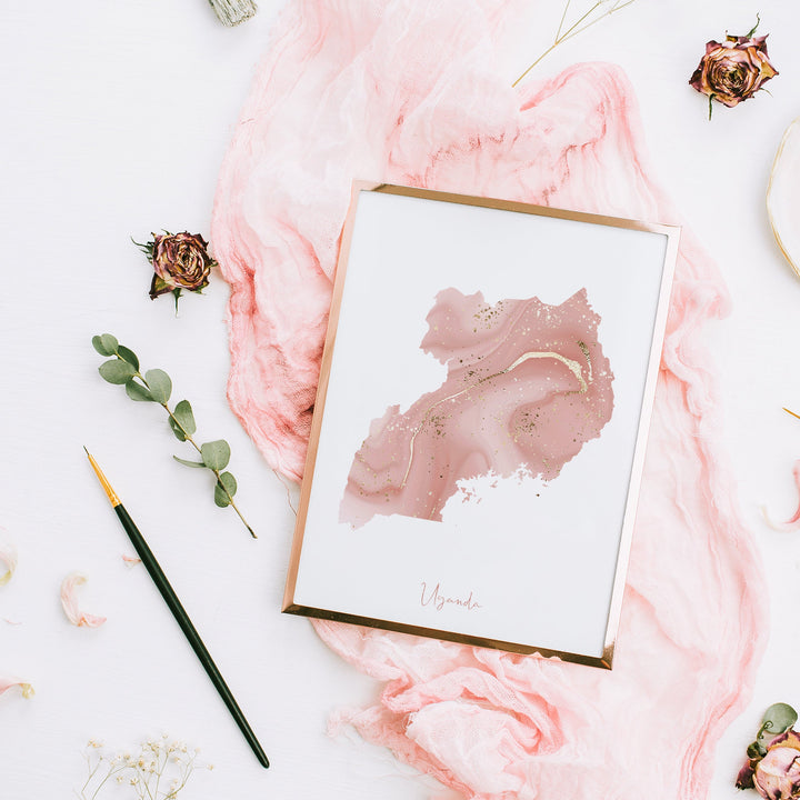 Uganda Map Pink and Gold Wall Art Print