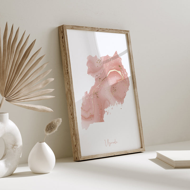 Uganda Map Pink and Gold Wall Art Print