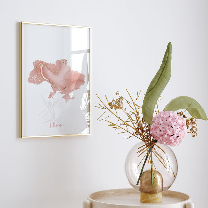 Ukraine Map Pink and Gold Wall Art Print
