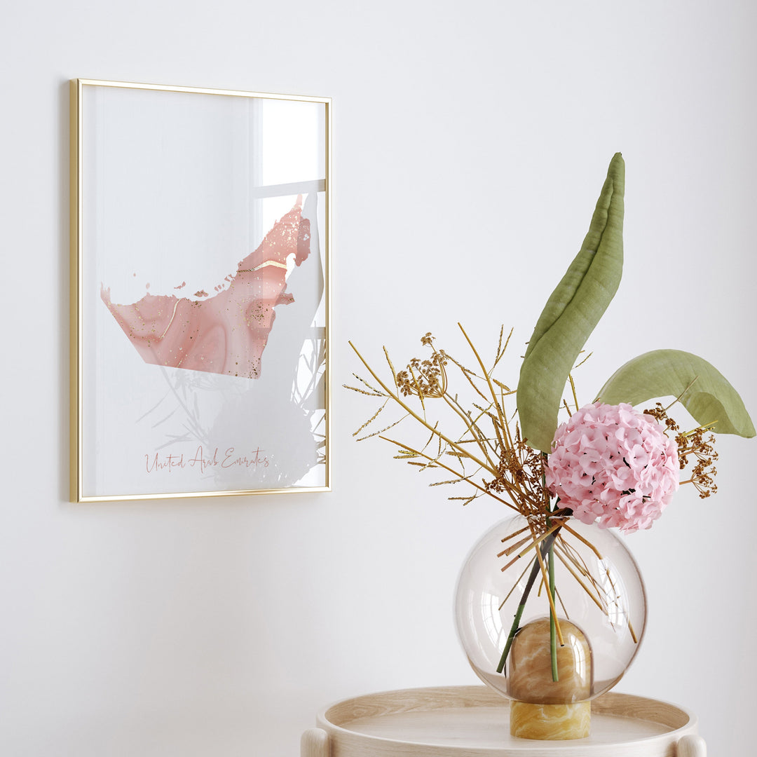 United Arab Emirates Map Pink and Gold Wall Art Print UAE
