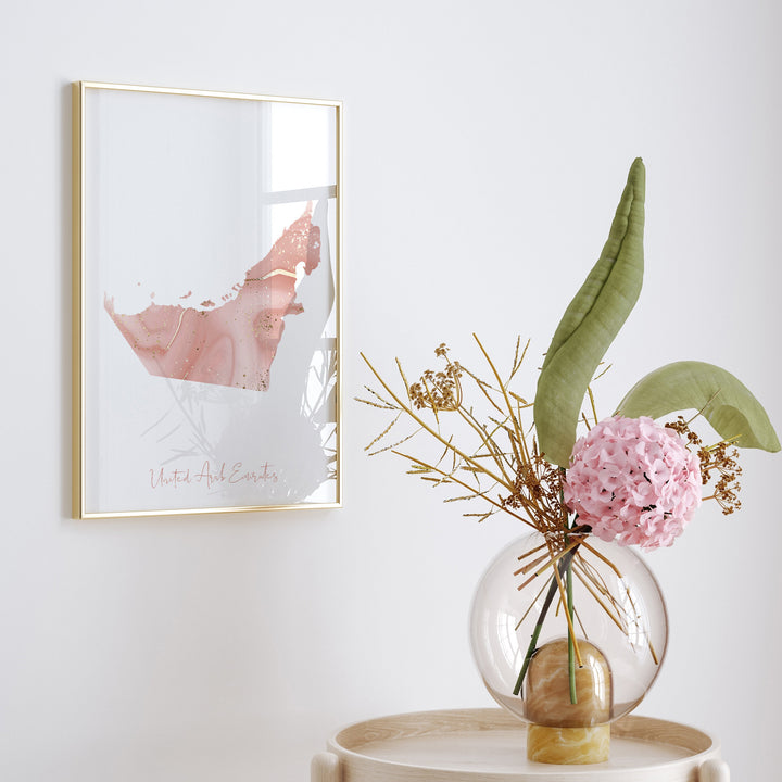 United Arab Emirates Map Pink and Gold Wall Art Print UAE